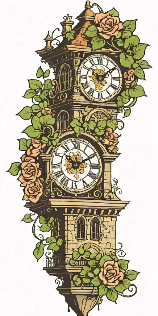 clocktower with four leaf clover tattoo design idea