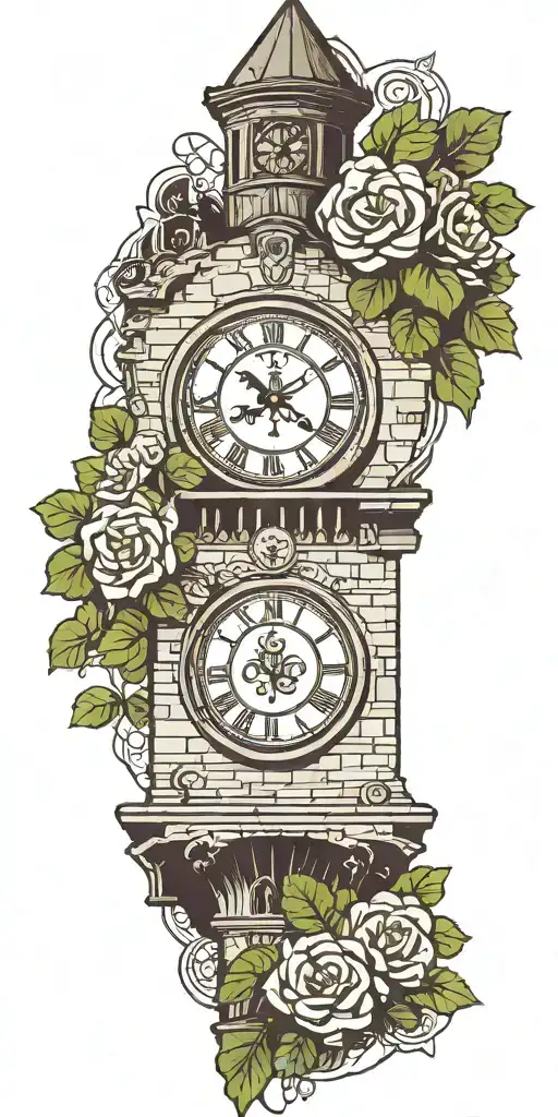 clocktower with four leaf clover intertwined tattoo design idea