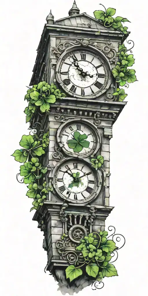 clocktower with four leaf clover tattoo design idea