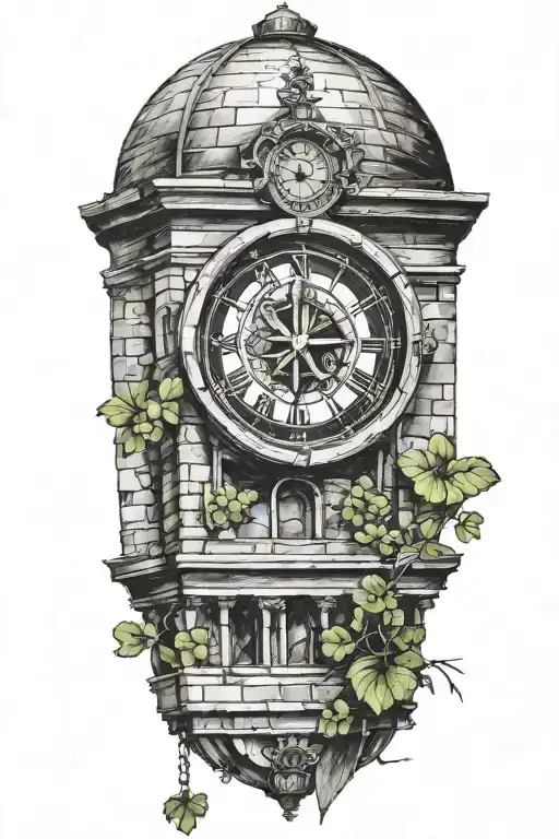 clocktower with four leaf clover tattoo design idea