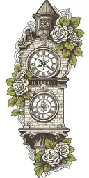 clocktower with four leaf clover intertwined tattoo design idea