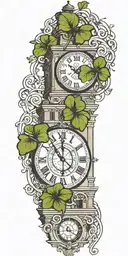 clocktower with four leaf clover intertwined tattoo design idea