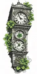clocktower with four leaf clover tattoo design idea