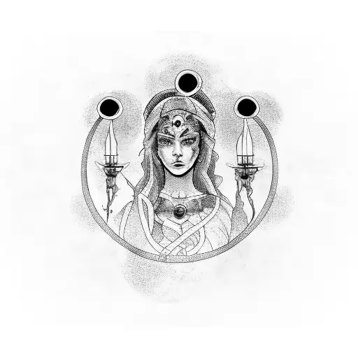 Hecate with three faces holding torches. Cresenct moon over her head. tattoo design idea
