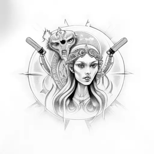Hecate holding torches with three faces. tattoo design idea