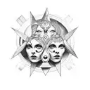 Hecate with three faces holding torches. Cresenct moon over her head. tattoo design idea