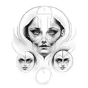 Hecate with three faces holding torches. Cresenct moon over her head. tattoo design idea
