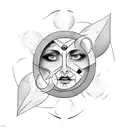 Hecate with three faces holding torches. Cresenct moon over her head. tattoo design idea