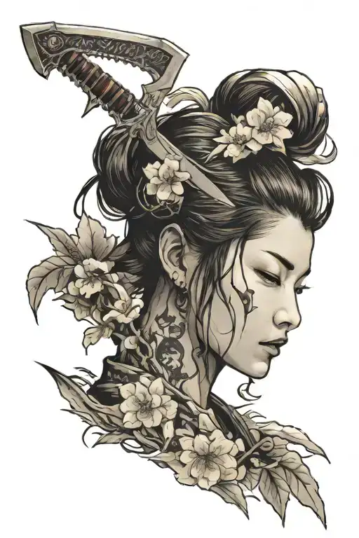 kunai knife, half woman face, sakura, japanese house tattoo design idea