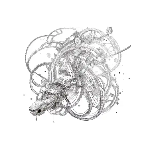 Mechanical snake with Lotus elise-inspired patterns tattoo design idea