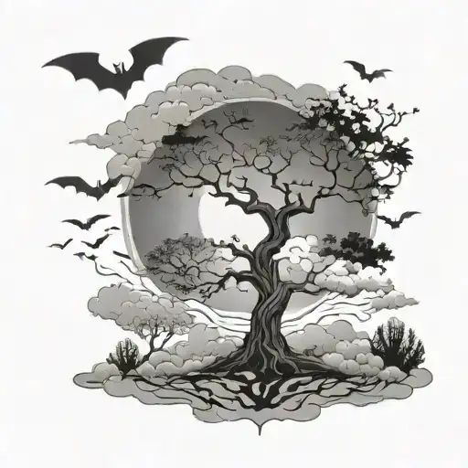 posion tree , clouds, bats flying across tattoo design idea