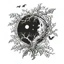 poison tree with moon and bats above tattoo design idea