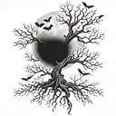 poison tree with moon and bats above tattoo design idea
