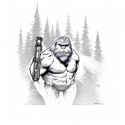 Bigfoot as a firefighter fighting a forest fire tattoo design idea