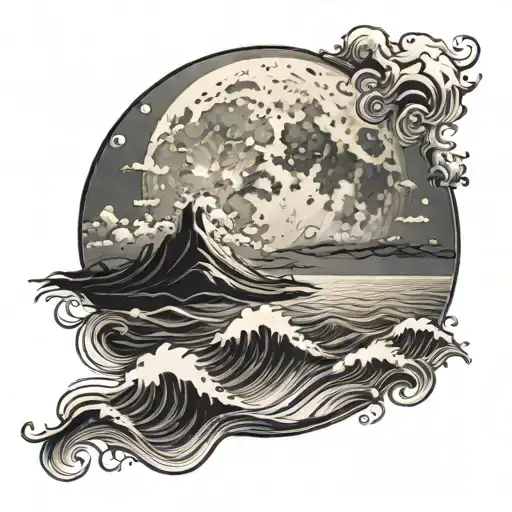 big full moon with minimalist sea waves tattoo design idea