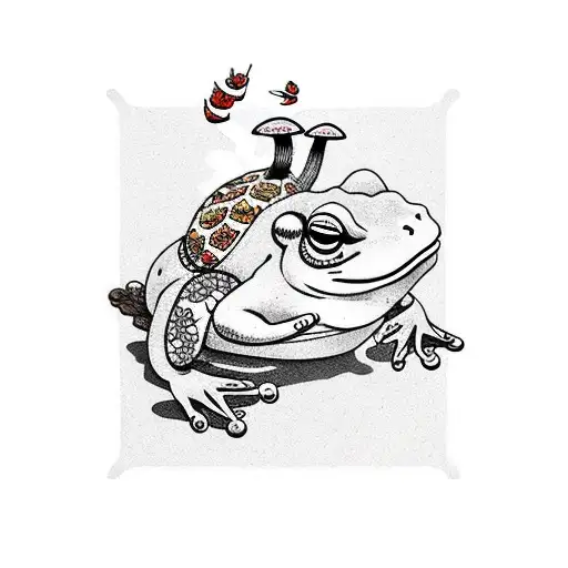 sumo frog smoking on a mushroom  tattoo design idea