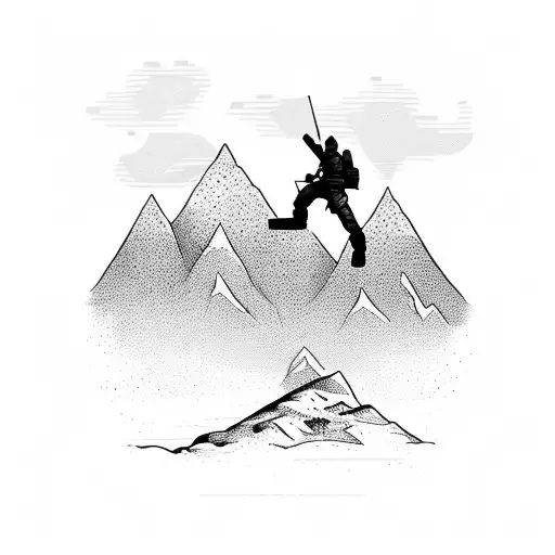 A soldier silhouette standing tall on a snowboard with a mountain backdrop tattoo design idea