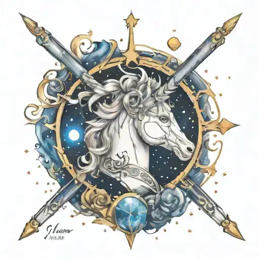 name Nina incorporated in design with Sagittarius image and constellation and date 10.12.15 tattoo design idea