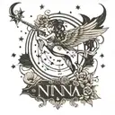 name Nina incorporated in design with Sagittarius image and constellation and date 10.12.15 tattoo design idea