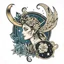 name Nina incorporated in design with Sagittarius image and constellation and date 10.12.15 tattoo design idea