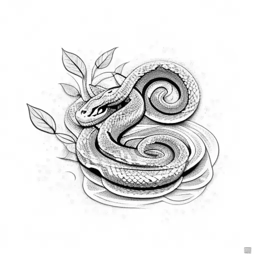 A snake wrapped around a blooming flower, with intricate patterns on its scales tattoo design idea