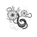 A snake wrapped around a blooming flower, with intricate patterns on its scales tattoo design idea