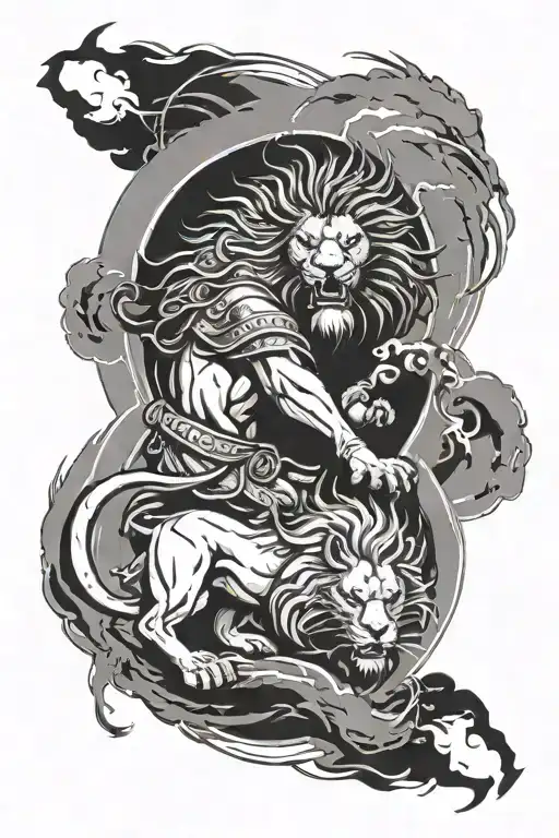 A lion and samurai facing off in a yin and yang symbol, with a background of lightning bolts tattoo design idea