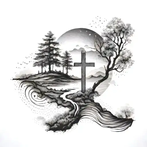A dotwork tattoo of a serene landscape with a cross in the background, representing peace and spirituality tattoo design idea