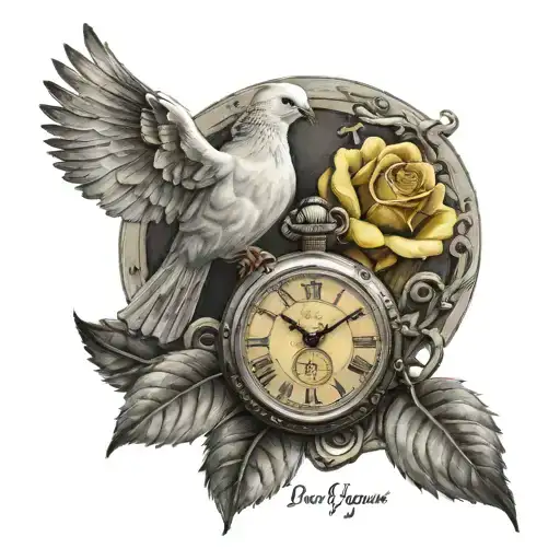 A dove carrying a yellow rose and a broken pocket watch with date 9-17-2020 tattoo design idea