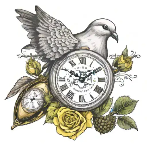 A dove carrying a yellow rose and a broken pocket watch with date 9-17-2020 tattoo design idea