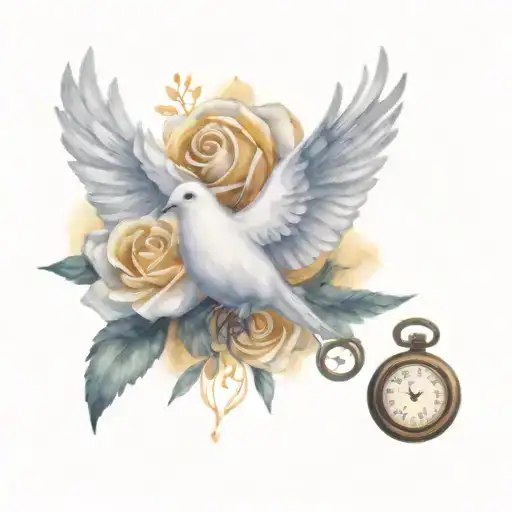 A dove carrying a yellow rose and a broken pocket watch with date 9-17-2020 tattoo design idea