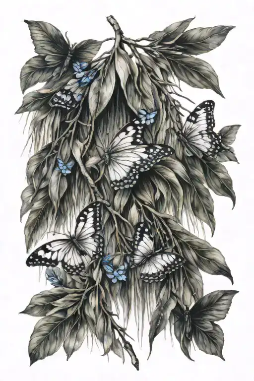 weeping willow tree branch with two small butterflies tattoo design idea
