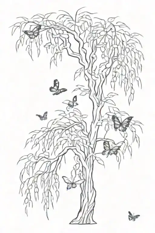weeping willow tree  with butterflies   tattoo design idea