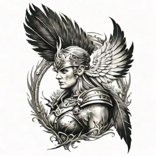 a beautiful Valkyrie warrior surrounded by feathers  tattoo design idea