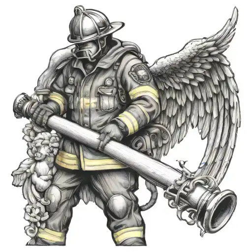 A firefighter holding a hose with a guardian angel watching over them, symbolizing protection and remembrance tattoo design idea
