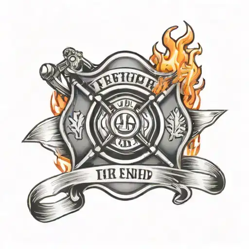A firefighter's badge with a banner that reads 'In memory of' and the name of the friend, surrounded by flames tattoo design idea