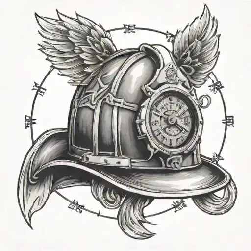 A firefighter's helmet with a clock face inside, showing the time of a significant event in memory of the friend tattoo design idea