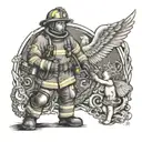 A firefighter holding a hose with a guardian angel watching over them, symbolizing protection and remembrance tattoo design idea