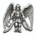 A firefighter holding a hose with a guardian angel watching over them, symbolizing protection and remembrance tattoo design idea