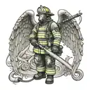 A firefighter holding a hose with a guardian angel watching over them, symbolizing protection and remembrance tattoo design idea