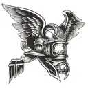 A stylized firefighter helmet with wings and a halo, in memory of a close friend who was a firefighter tattoo design idea