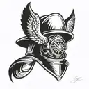 A stylized firefighter helmet with wings and a halo, in memory of a close friend who was a firefighter tattoo design idea