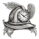 A firefighter's helmet with a clock face inside, showing the time of a significant event in memory of the friend tattoo design idea
