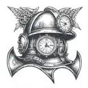 A firefighter's helmet with a clock face inside, showing the time of a significant event in memory of the friend tattoo design idea