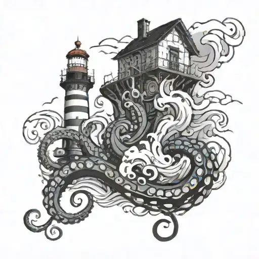 octopus tentacles wrapped loosely around a lighthouse with waves crashing against the rocks at the base. tattoo design idea