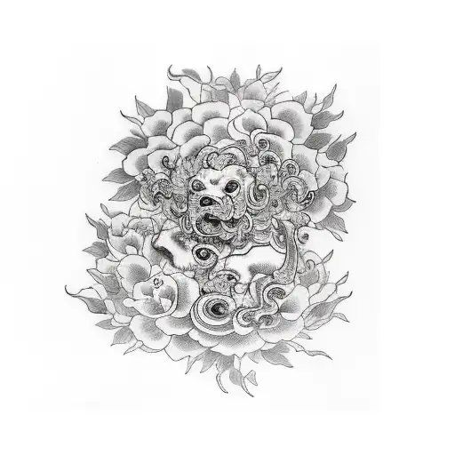 Foo dog with flowers and human hand tattoo design idea