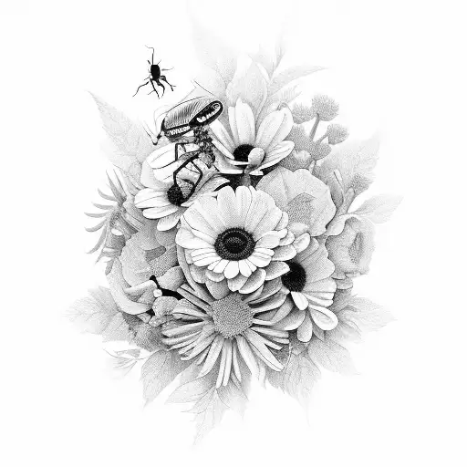 26 insects on an arrangement of flowers tattoo design idea