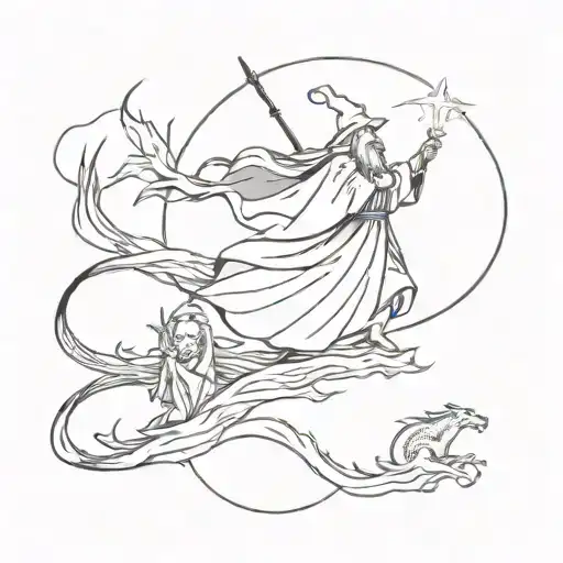 wizard with dragons coming out of the winds next to a witch tattoo design idea
