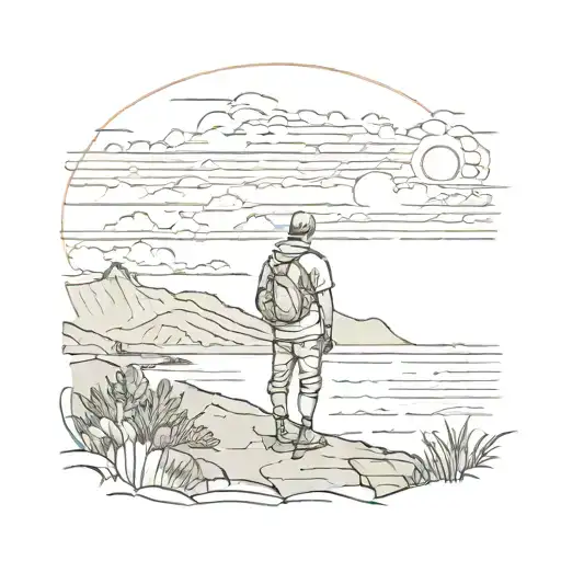 coast man looking at background landscape with a sunset tattoo design idea