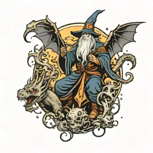 wizard with dragons coming out of the winds next to a witch tattoo design idea